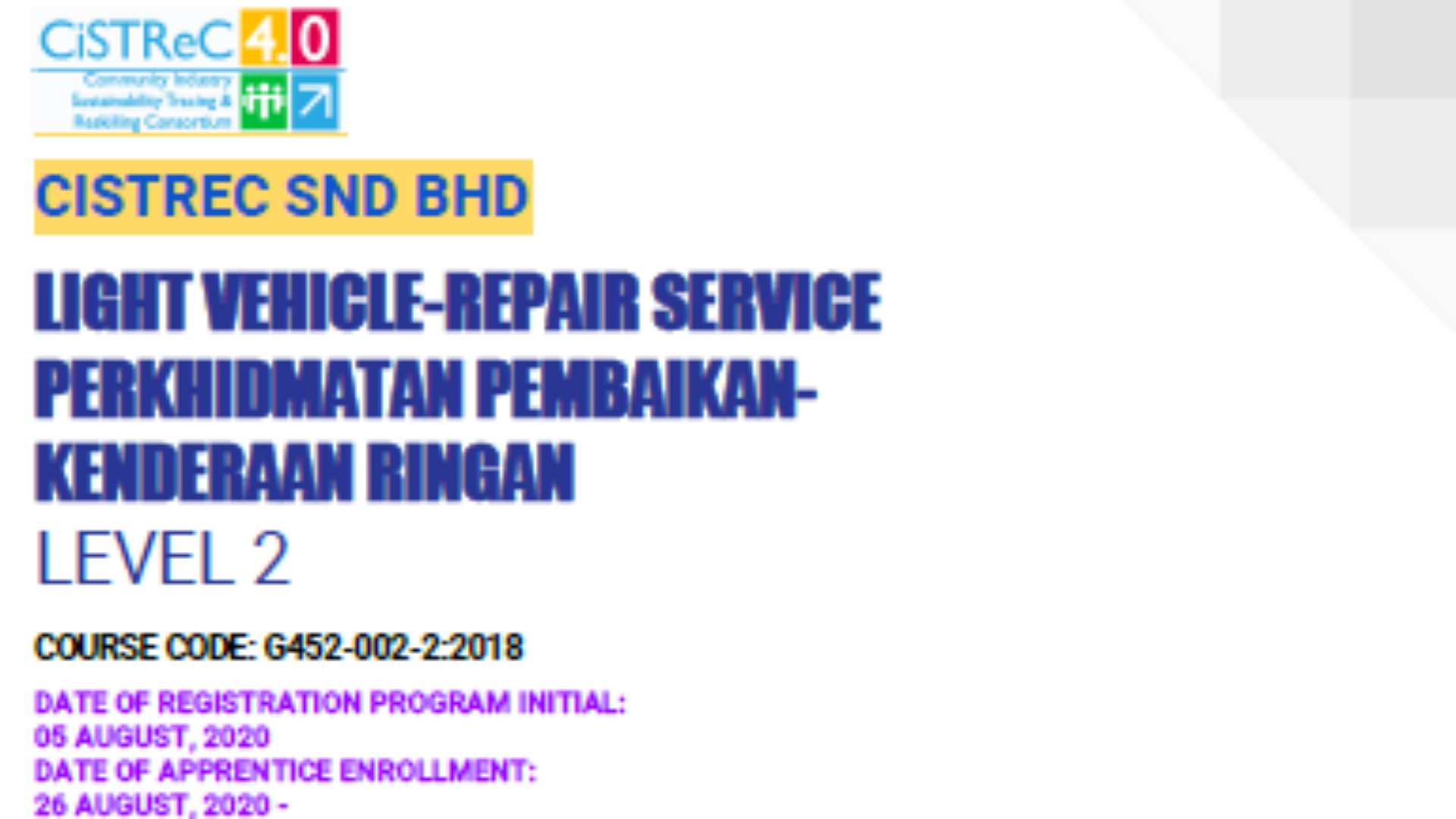 G452-002-2:2018 Light Vehicle Repair Service